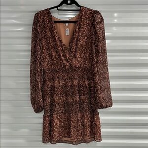 Joie Rust Floral Smocked Tiered Long Sleeve Dress Medium